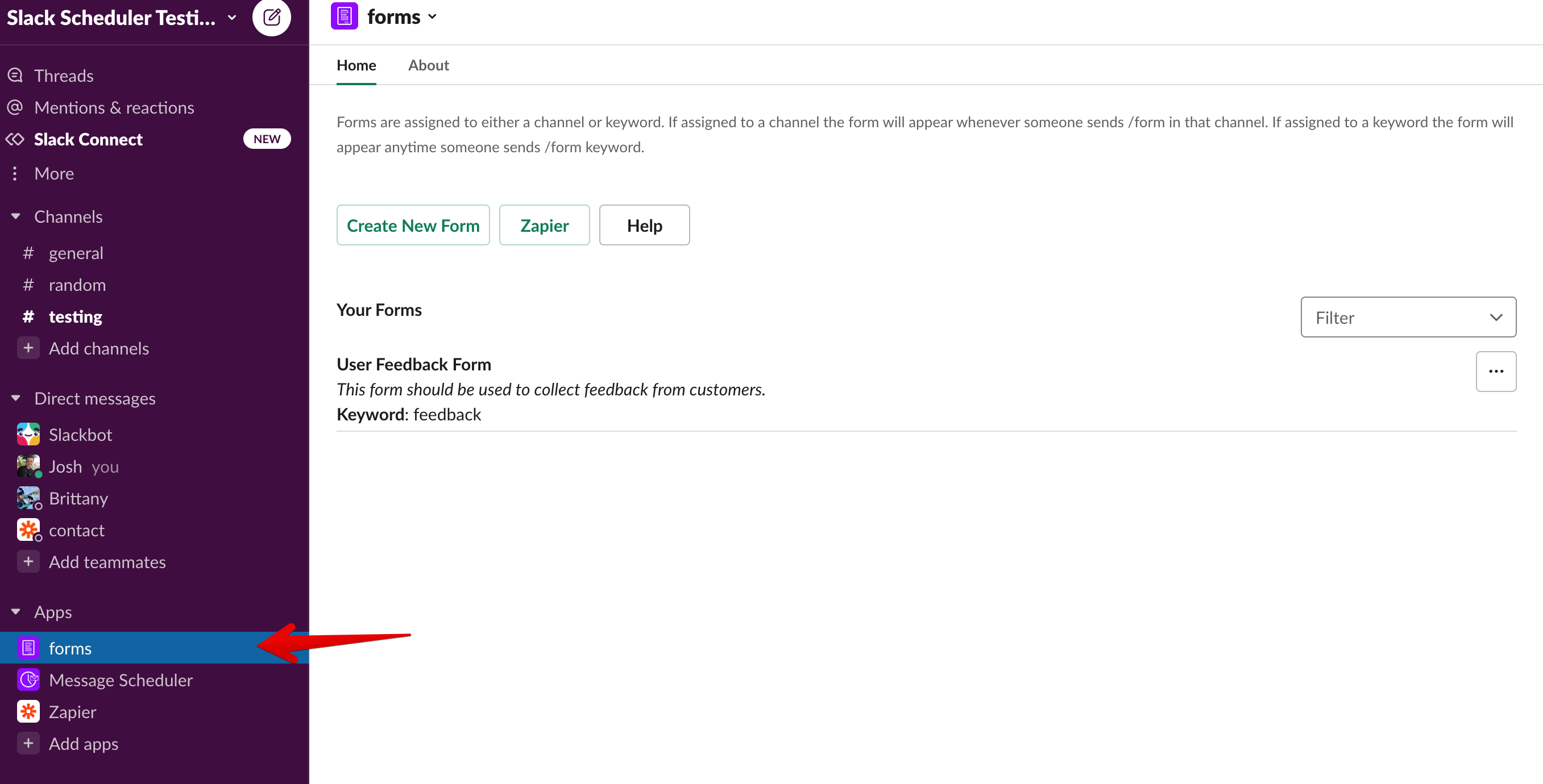 click on forms app to connect slack forms to zapier