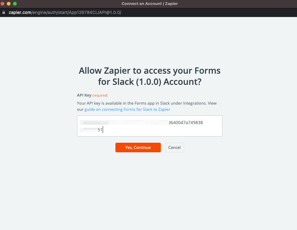 paste forms for slack api key into zapier screenshot