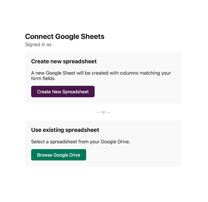 Google Sheets setup page