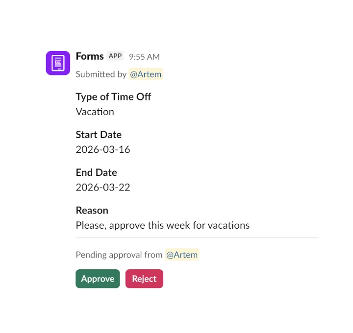 Built-in approvals right in Slack