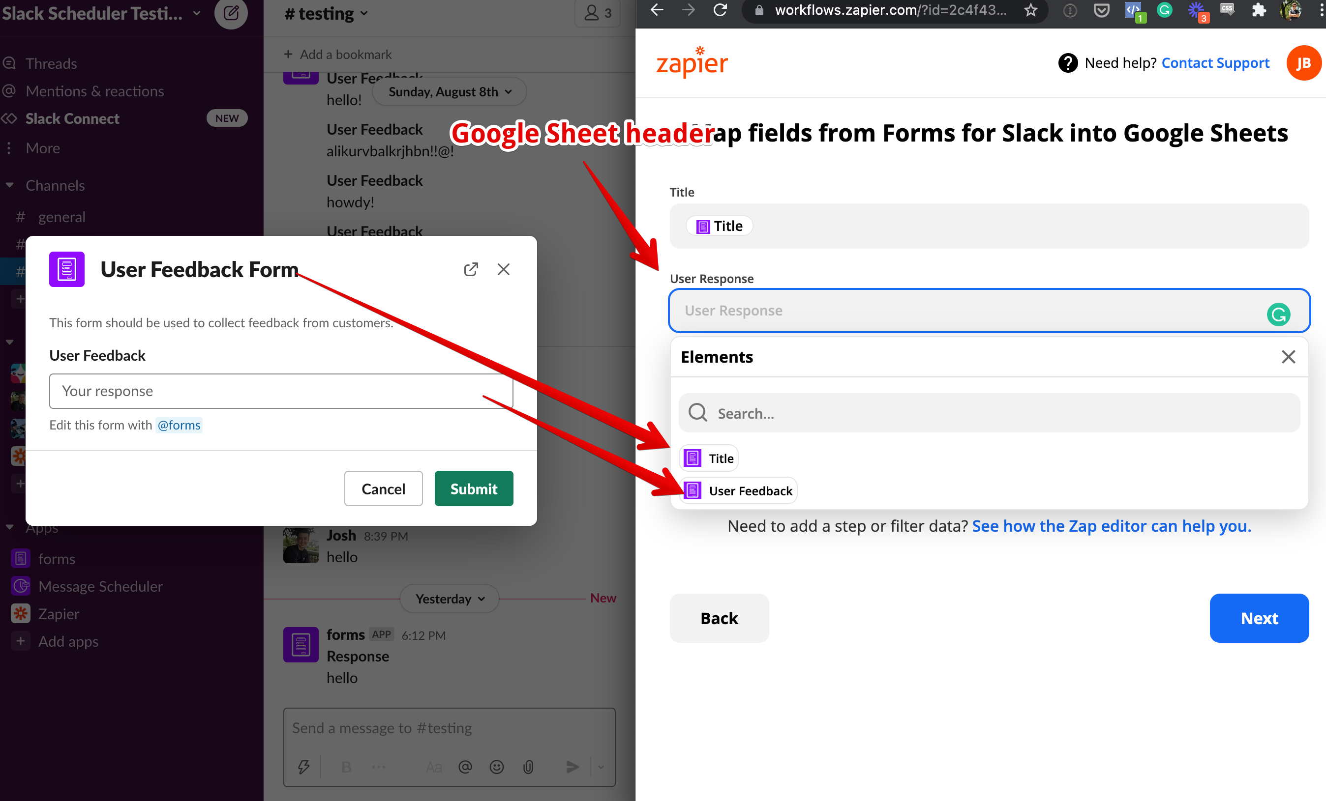 forms for slack to google sheet zapier mapping screenshot